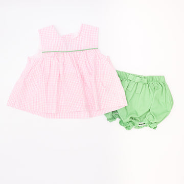 Little English Pink Gingham & Green Bloomer Set