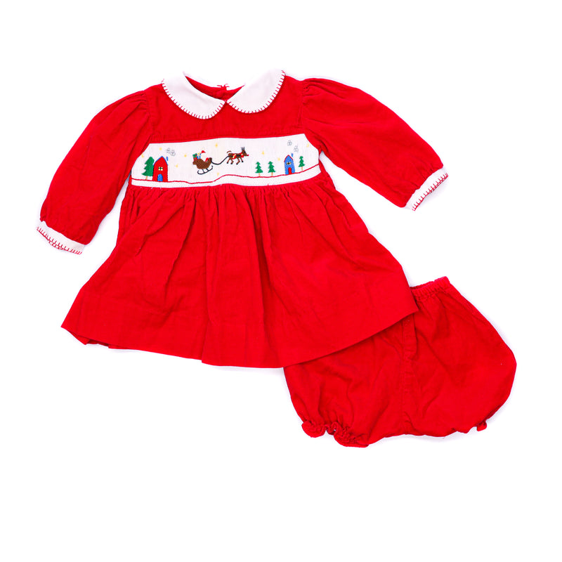 Red Corduroy Christmas Smocked Dress with Bloomers