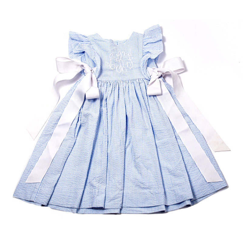 Seersucker Dress With Ruffle Sleeves and Ribbon Detail